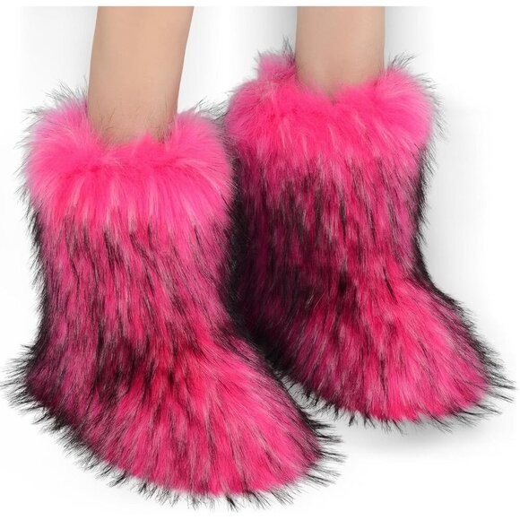 Shoes - ⚡Women's Pink Faux Fur Warm Boot Furry Short Snow Boot Mid Calf Boots